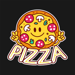 Cute funny happy pizza show peace gesture logo. Vector doodle line cartoon kawaii character illustration icon. Pizza quote logo concept