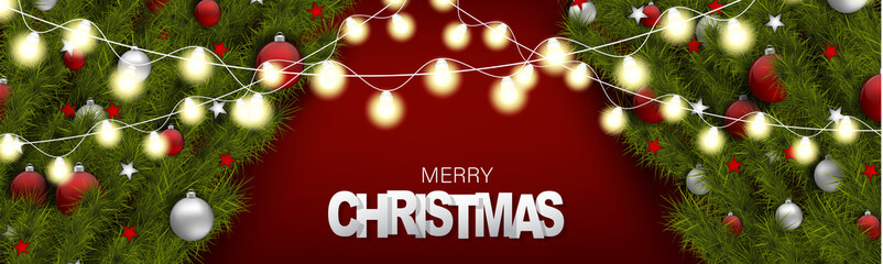Merry Christmas banner or website header. Fir tree branches with decor - glass balls and glowing lights garland over blue background. Winter season holiday design concept. Vector illustration.