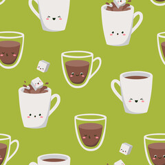 Sugar cubes are jumping into cups and glasses of coffee. Vector seamless pattern on green background