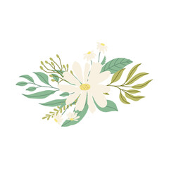 Fototapeta na wymiar Modern floral bouquet flat illustration. Hand drawn chamomile flower, branches with leaves. Vector illustration isolated on white background. Gentle and elegant decoration.