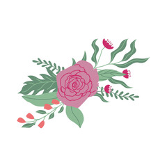 Fototapeta premium Pretty floral bouquet decoration. Modern flat hand drawn branches with flowers and leaves. Vector illustration isolated on white background.