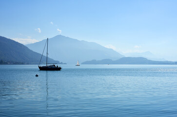 Lake Zug with sail boats and view to the mount Rigi, Switzerland