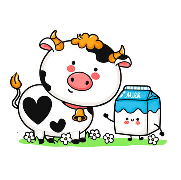 Cute funny little cow and milk box on meadow. Vector hand drawn cartoon kawaii character illustration icon. Isolated on white background. Cow pet,milk box mascot doodle cartoon logo character concept
