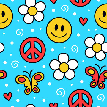 Cute funny kawaii smile face,flowers on blue background seamless pattern.Vector cartoon kawaii character illustration design.Positive vintage smile face,camomile flower,hippie seamless pattern concept