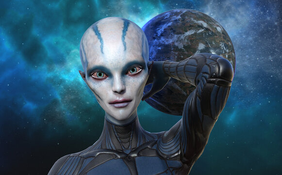 3d illustration of a bald female alien with blue and white skin standing in the foreground with hand behind head and an exoplanet and blue nebula in the background.