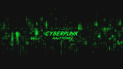 Abstract vector green cyberpunk halftone sound wave. Scrathed dotted texture element.