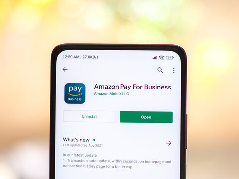 Assam, india - November 15, 2020 : Amazon pay logo on phone screen stock image.