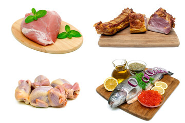 meat, fish and other food on a white background