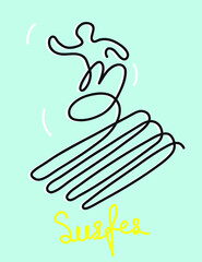 One line drawing of surfer.
One continuous line drawing of surfer on waves.
