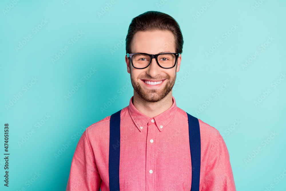 Canvas Prints Photo of young cheerful man happy positive smile confident wear eyeglasses isolated over teal color background