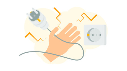 Abstract Flat Hand Grabs The Wire With The Plug Socket Electric Shock First Aid Cartoon People Character Concept Illustration Vector Design Style Healthcare Medical Electrocute