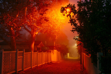 Red light glows on white fence and alleyway in suburbs