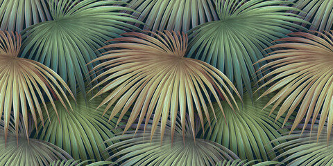 Tropical background with green textured palm leaves, foliage. Seamless pattern. Hand-drawn premium vintage 3d illustration. Luxury wallpapers, fabric printing, mural, cloth, poster, rags, web, goods - 474052500