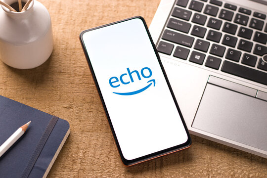 West Bangal, India - December 05, 2021 : Amazon echo logo on phone screen stock image.