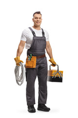 Full length portrait of an electrician holding cables and a tool box