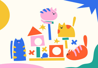 Cute abstract cats, animal food, toys, accessories, cat house. Hand drawn isolated elements for pet shop, pet care concept banner. Playground for cats, cat tower, scratching post for kitten