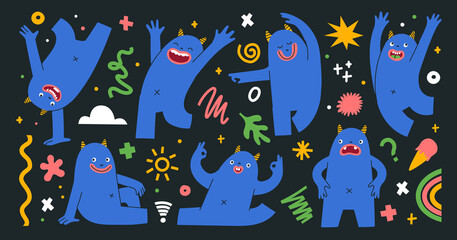 Cute colorful creatures in different poses and showing emotions. Trendy illustration with abstract shapes, doodle objects and lines. Set of stickers with monsters. Isolated hand-drawn elements.