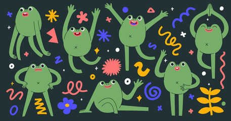 Cute colourful creatures in different poses and showing emotions. Trendy illustration with abstract shapes, doodle objects and lines. Set of stickers with monsters. Isolated hand-drawn elements.Cute c