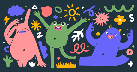 Fototapeta premium Set of abstract monsters showing different emotions. Hand drawn trendy creatures in different poses. Isolated shapes, doodle elements and lines. Cute stickers with mythical animals.