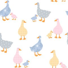 Colorful seamless pattern with goose and gosling. Cute geese with abstract trendy patterns. Vector illustration with funny domestic birds. Trendy isolated print for kids.