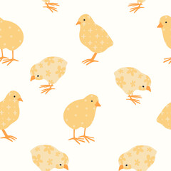 Colorful seamless pattern with hen, chicken, cock, rooster, and chick. Cute poultry with abstract trendy patterns. Vector illustration with funny domestic birds. Trendy isolated print for kids.
