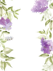 Watercolor frame from flowers of spring lilac and bird cherry.