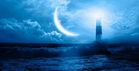 Night sky with crescent in the clouds, on the foreground lighthouse "Elements of this image furnished by NASA