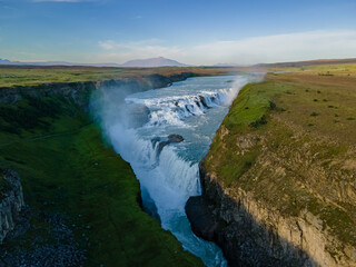 Beautiful aerial view of Iceland Gullfoss waterfall with a rainbow in the Golden Circule