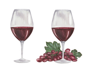 Watercolor illustration of hand painted glass on long stalk with maroon wine and grapes. Isolated clip art of refreshment for decoration menu in restaurant, cafe, bar. Alcohol beverage drink