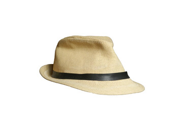 Straw hat with black strap. Isolate on white.