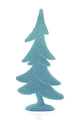 Blue shiny Christmas tree with shimmer on white isolated background. New Year. Design element