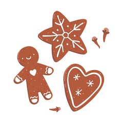 Set of vector illustrations of gingerbread cookies with icing. Man star and heart shape. Isolated on white background