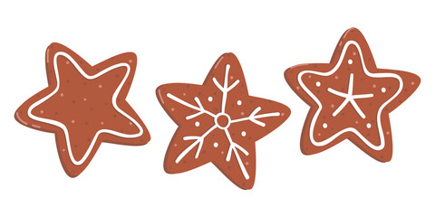 Set of vector illustrations of gingerbread cookies with icing. Stars shape. Snowflake drawing. Isolated on white background
