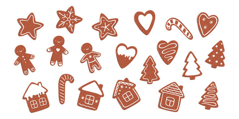 Set of vector illustrations of gingerbread cookies with icing. Man star tree candy cane heart house shape. Isolated on white background - 474056122