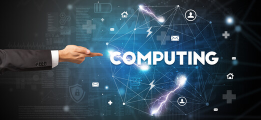 Hand pointing at inscription concept