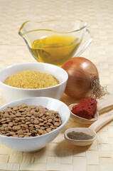 onion, olive oil, bulgur wheat, green lentils