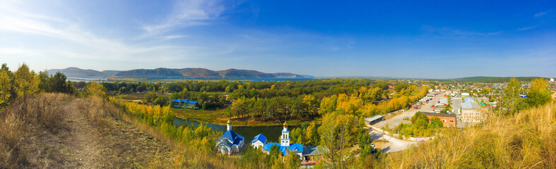 Tsarev Kurgan, Samara region, Russia. Panoramic view on the church of the icon of the Mother of God...