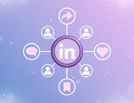 Linkedin social media logo on a round button with types of social activities and user icons 3d