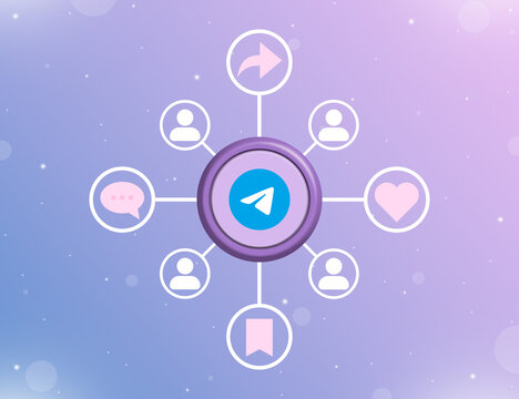 Telegram social media logo on a round button with types of social activities and user icons 3d