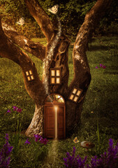 Fantasy house in old tree in enchanted fairy tale forest, magical elf or gnome home with shining...