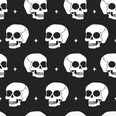 Simple skull seamless pattern. Vector hand drawn doodle cartoon character illustration. Trendy skull print for t-shirt, poster seamless pattern concept