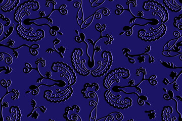 Fototapeta premium Seamless vector floral pattern in pastel golden winter colors, volumetric hand drawing white curls with blue shadow on light background
