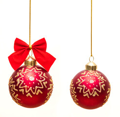 christmas red ball with ornament hanging on a white background