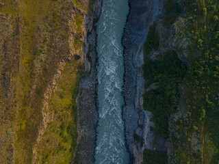 Beautiful aerial view of Iceland Gullfoss waterfall with a rainbow in the Golden Circule