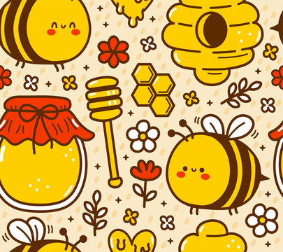 Cute funny bee,honey character seamless pattern. Vector hand drawn cartoon kawaii character illustration icon. Cute bee,honey jar cartoon kawaii seamless pattern concept
