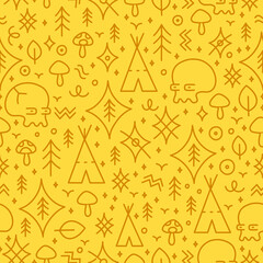 Ethnic ancient shamanic tribal style fashion seamless pattern. Vector hand drawn doodle cartoon line illustration. Primitive tribal,shaman,indian,shamanic,magic mushroom,floral seamless pattern