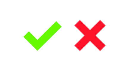 Check mark and cross in green and red. Tick marks: Accepted, Approved, Yes, Correct, Ok, Right Choices, Task Completion, Voting. Test question symbol. Isolated vector illustration on white background.