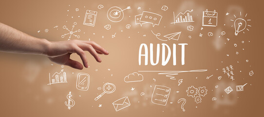 Close-Up of cropped hand pointing at business inscription