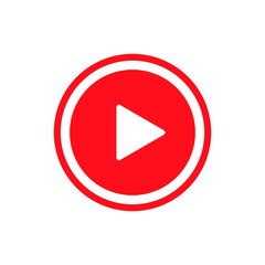 Play button red icon. Video and music play icon. A triangle within a circle is a media player symbol. Video and audio multimedia reproduction. Isolated vector illustration on white background.