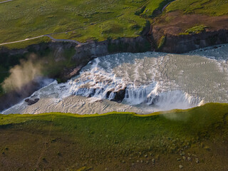 Beautiful aerial view of Iceland Gullfoss waterfall with a rainbow in the Golden Circule